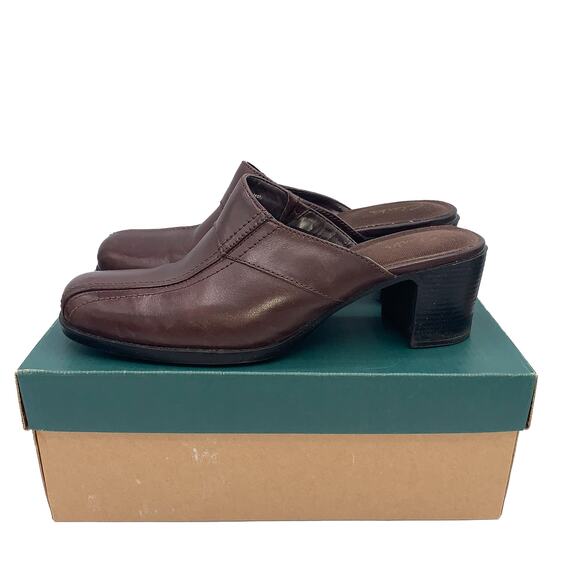 Clarks England MINGLE Dark Brown Leather Open-Back Heel Clogs Women's Size 8M - Picture 2 of 8